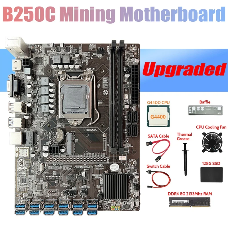 

B250C ETH Miner Motherboard 12USB+G4400 CPU+DDR4 8GB RAM+128G SSD+Fan+SATA Cable+Switch Cable+Thermal Grease+Baffle