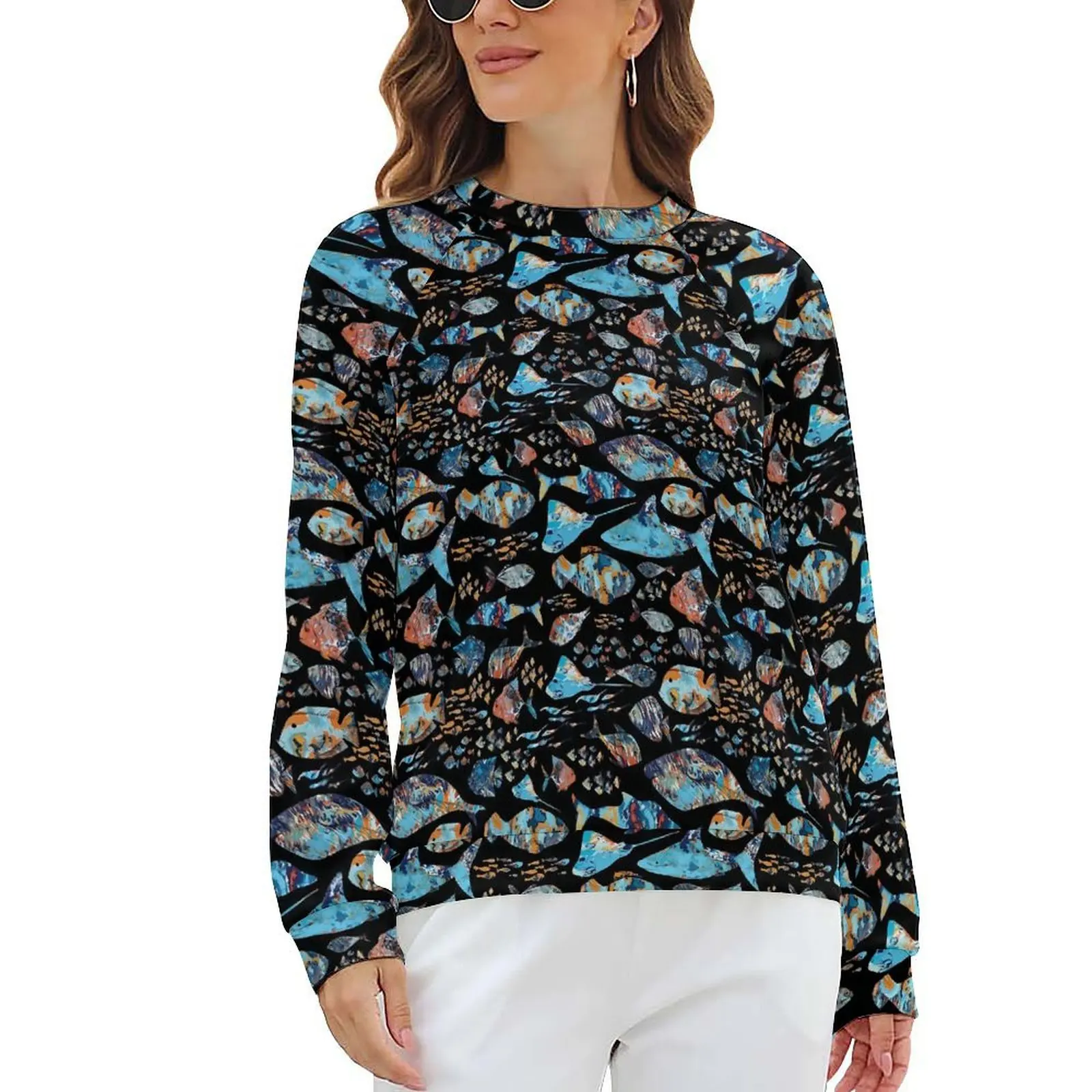 Худи женское с длинным рукавом и принтом морских Рыбок