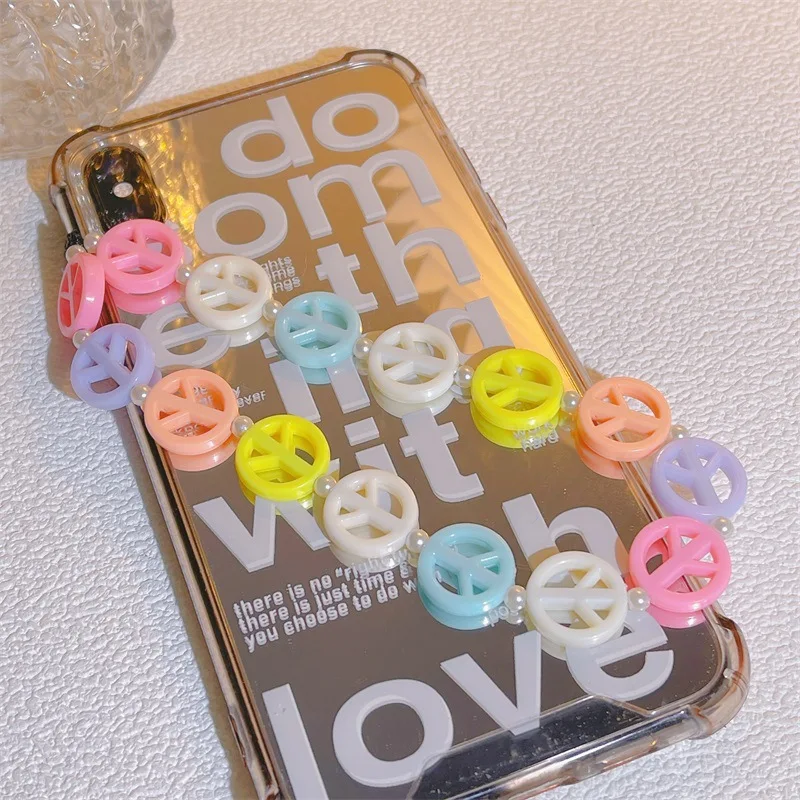 

Women Anti-Lost Lanyard Phone Pendant Candy Color Peace Sign Phone Chain Pearl Resin Beaded Mobile Strap Key Accessories Jewelry