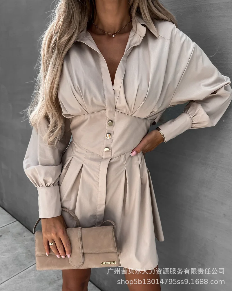 

Long Sleeve Corset Shirt Dress Women High Waist Turn Down Neck Solid Color Mini Dress Casual Fashion Single Breasted