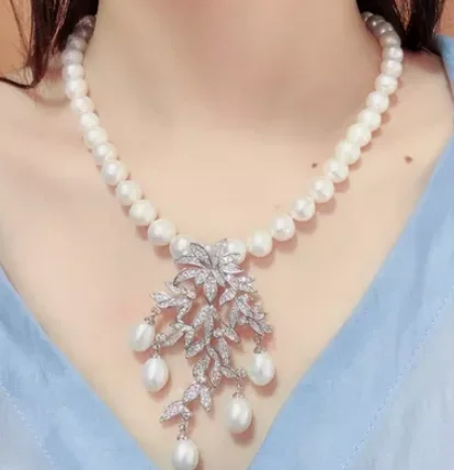 

natural 8-9mm white freshwater pearl leaves micro inlay zircon clasp sweater necklace long 18“”
