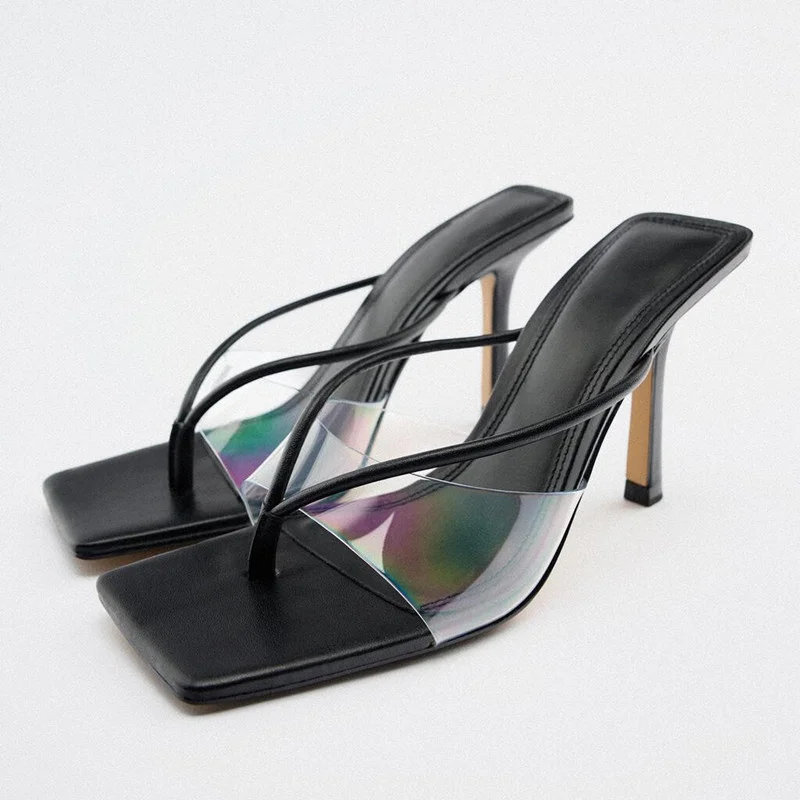 

ZA Summer High Heel Sandal Women 2022 Sexy Transparent Upper Thin Straps Heeled Sandals Woman Black Heels Square Toe Shoes