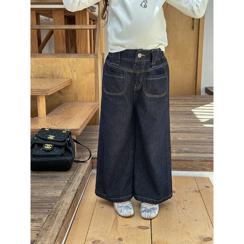 Детские осенние прямые широкие брюки Aimo Beibei в западном стиле с карманами для