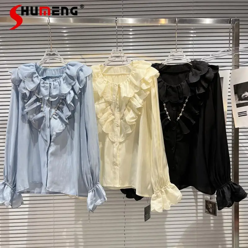 

2022 Spring New Ladies Fashion Classic Style Rhinestone Beaded Blusas Women's Elegant Ruffles Mesh Lace Neckline Solid Shirt Top