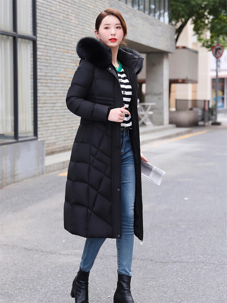 New Women Long Down Jacket Winter Casual Fashion Thicken Warm Real Fox Fur Collar White Duck Down Coat Slim Hooded Overcoat