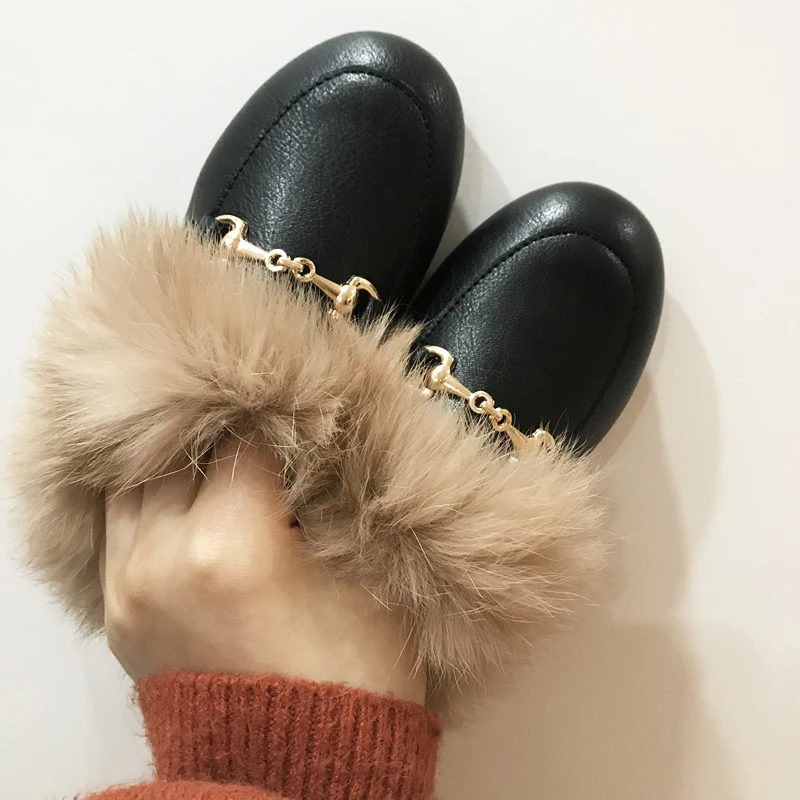 Kids Fur Shoes Children Warm Outdoor Slides Baby Girls Slippers Toddler Beige Brand Flats Princess Slides Slip On Shoes Winter images - 6