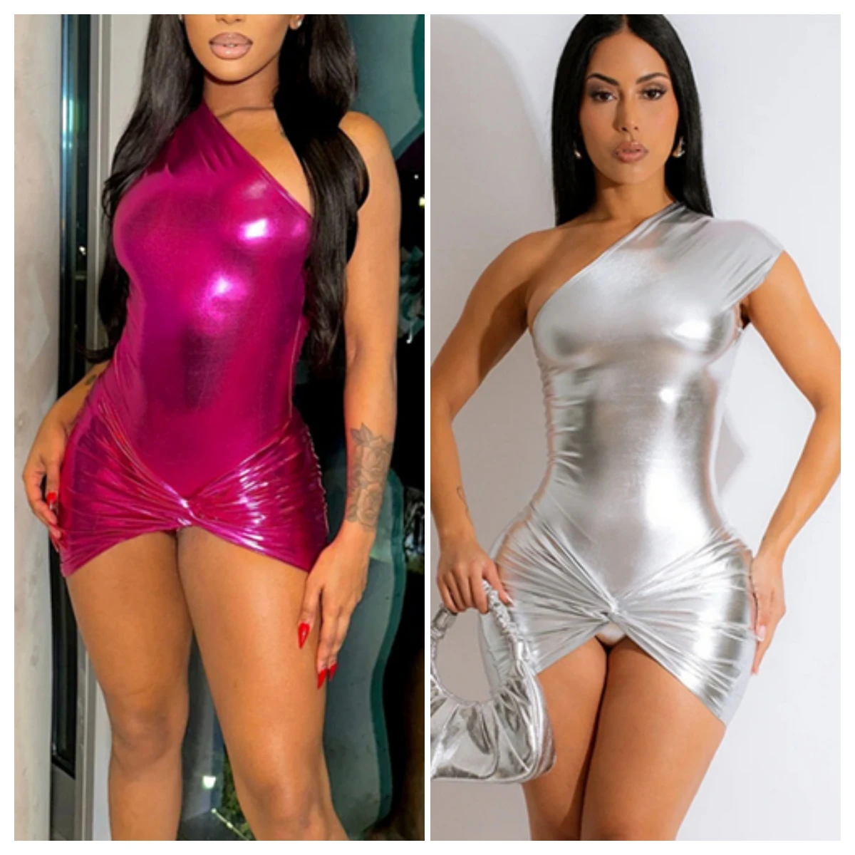 

Shiny Metallic Gilding Club 2 Piece Set Women Sexy One Shoulder Sleeveless Bodysuit Top Twist Mini Skirts Y2K Party Suit