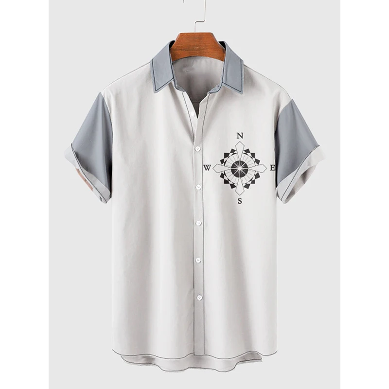 

Blue-Gray And White Stitching Compass Printing Men‘s Short Sleeve Tee Shirt Men Oversized Blouse Tops