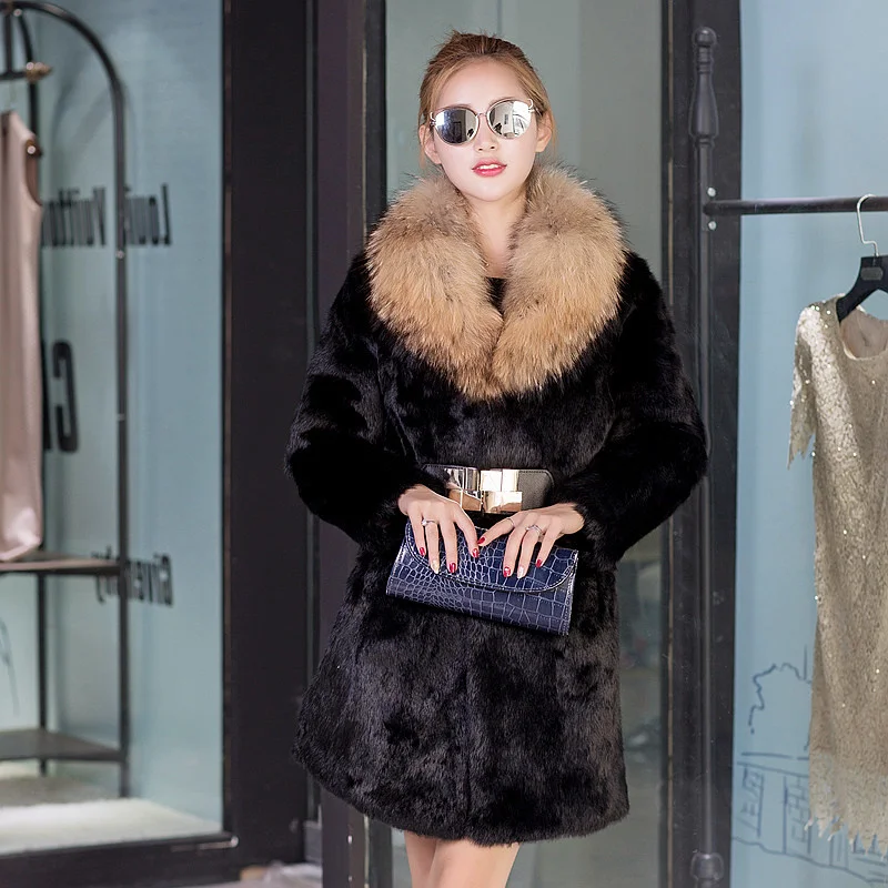 rabbit Real genuine natural fur coat with raccoon fur collar women's jacket lady fashion fur outwear custom any size