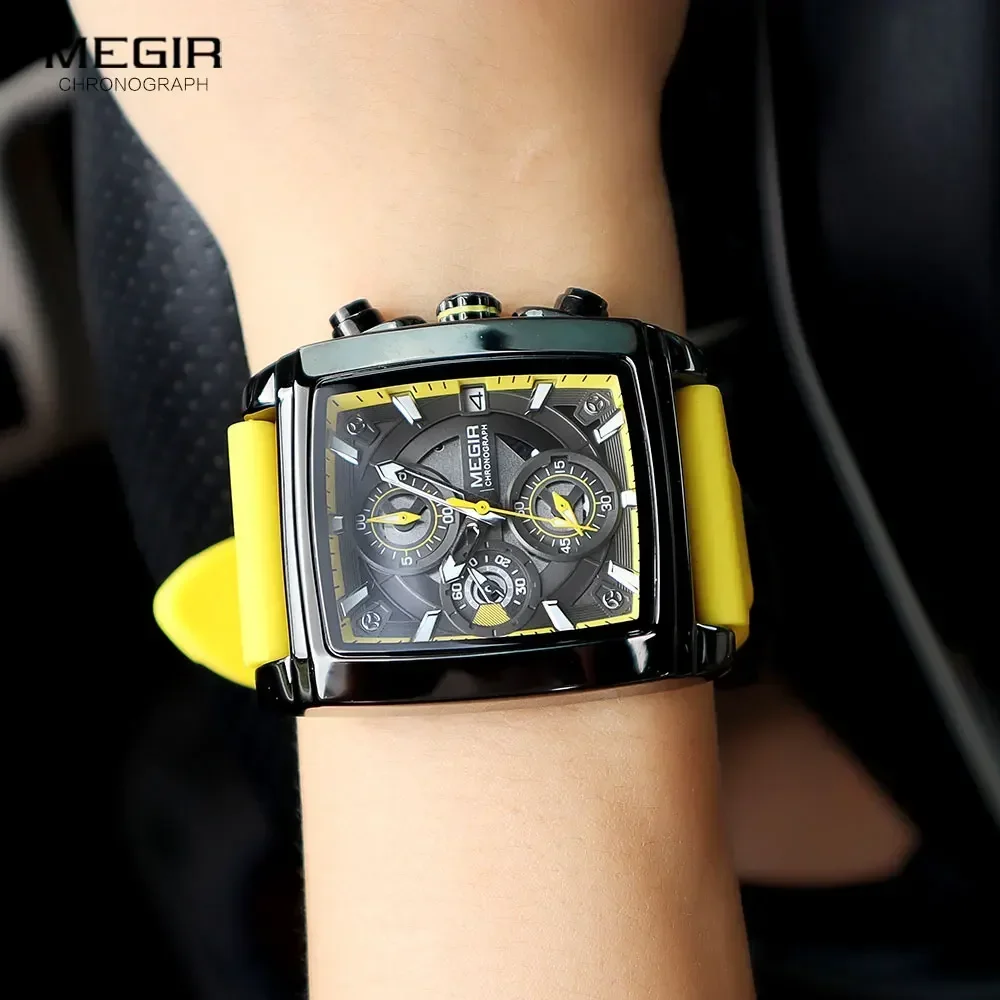 MEGIR военные спортивные желтые часы для мужчин модные прямоугольные кварцевые