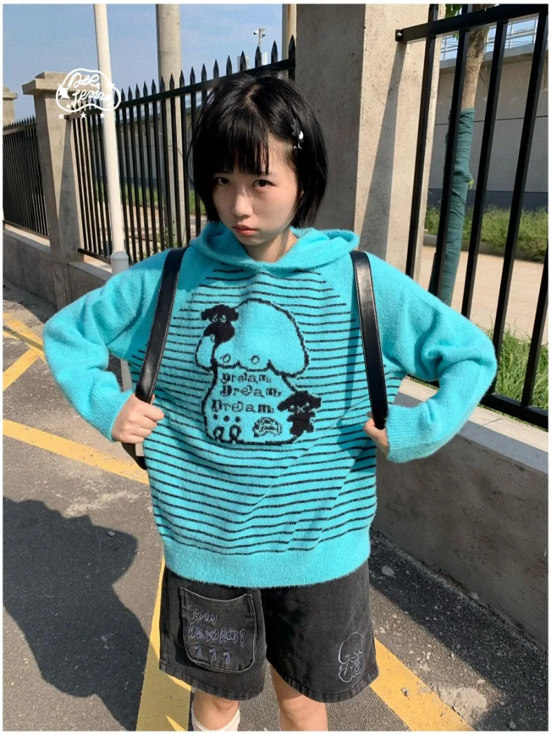 2024 новый японский оригинальный дизайн осенний озерно-синий полосатый свитер с