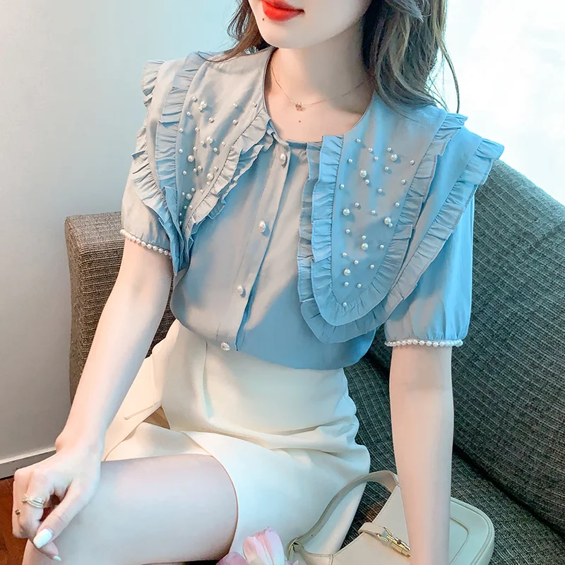 

Women Beading Blouse 2022 Summer New Doll Collar Heavy Industry Temperament Chiffon Shirt Short-Sleeved Tops Shirt