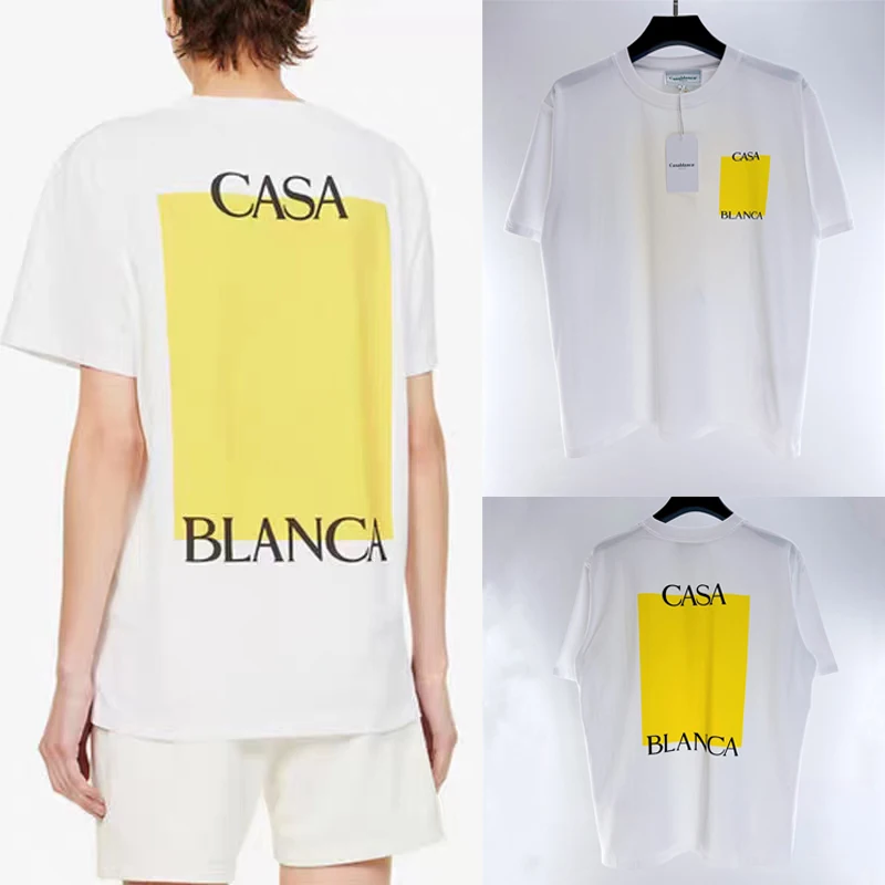 

High Quality Casablanca Yellow Block Print Fashion T Shirt Men and WomenThe Same Kind 1:1 Casablanca Couple Tee