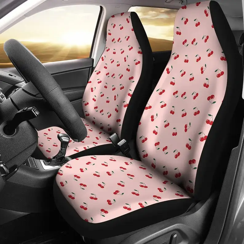 

Pink With Red Cherries Cherry Pattern Rockabilly Vintage Style Car Seat Covers Set Universal Fit For SUV Car Bucket Seats Car Ac