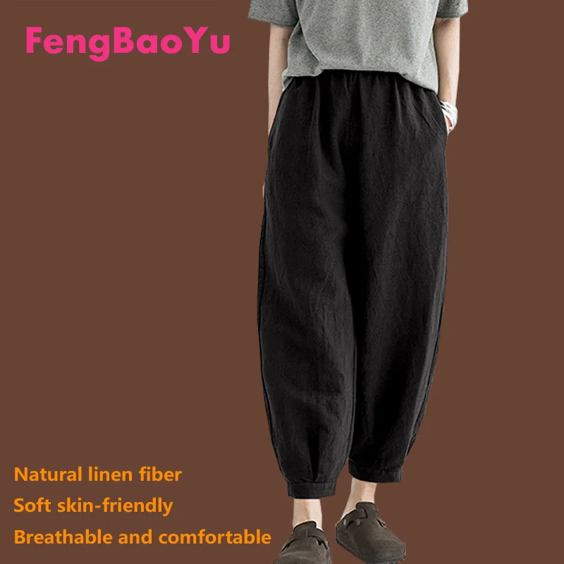 Fengbaoyu Flax Spring Summer Ladies Nine-cent Pants Casual Baggy Trousers Cotton Flax Army Green Breathable Sweat Absorption 4XL