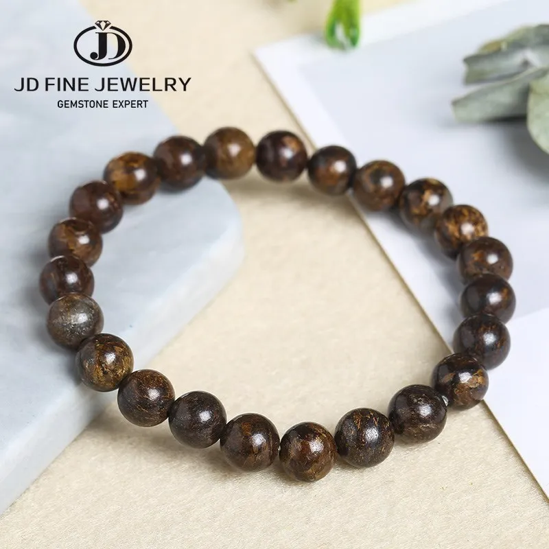 JD Natural Stone Bronzite Colour Round Beads Charm Bracelets Women Men Vintage Brown Color Elastic Rope Strand Energy Bangles