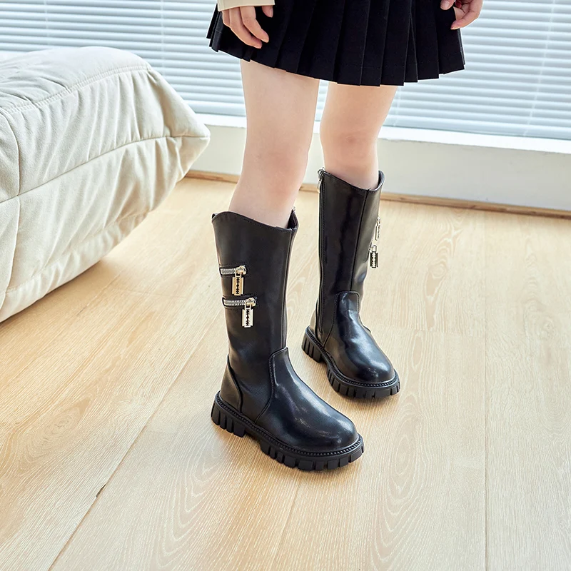 

Girls Long Boots Korean Style Fashion Black Children Spring New Side Zip Non-slip Fake Double Zipper Breathable Kids Fashion PU