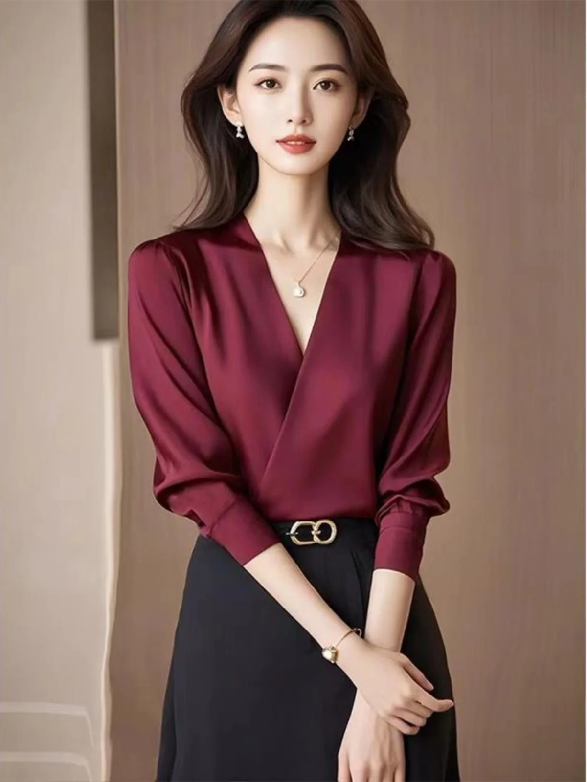 Shenzhen Nanyou Brand Clearance Leak Detection Red Long sleeve Shirts Autumn clothes 2024 Fashion Western Sle Fashionable V...