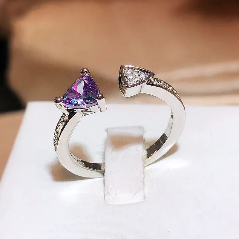 

Creative Irregular Heart Shape Amethyst Triangle Full Diamond Couple Ring For Women Geometric Zirconia Christmas Gift Jewelry