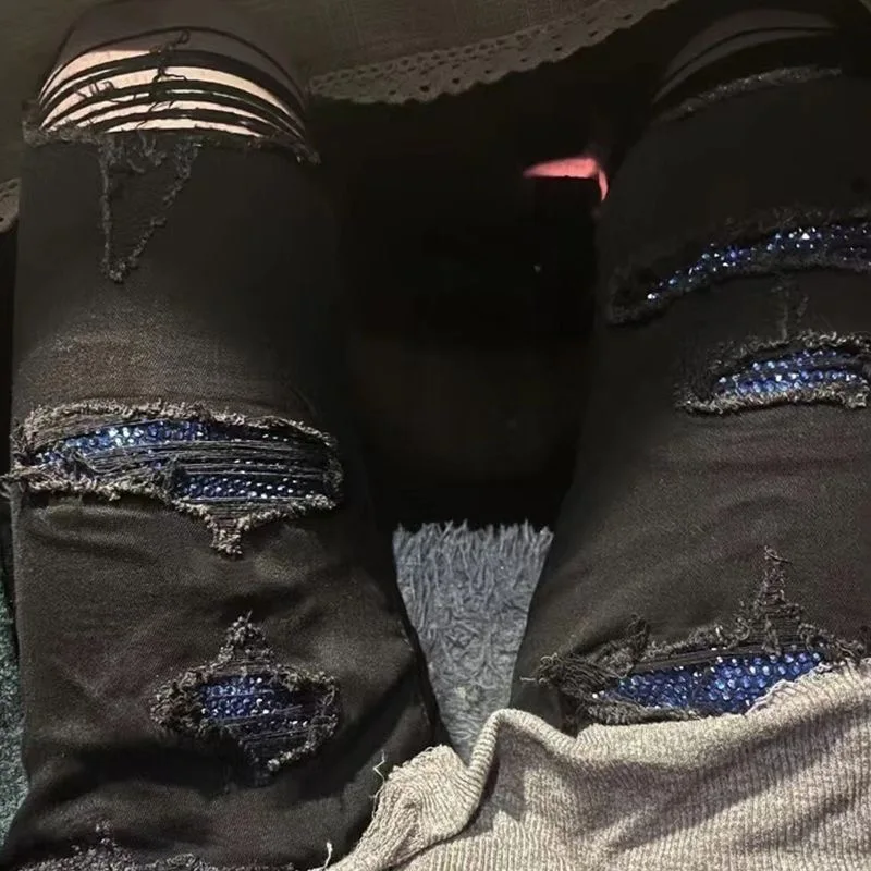 High Street Style Blue Diamond Jeans Red Diamond Speckled Ink Perforated Jeans High Elastic Slim Fit