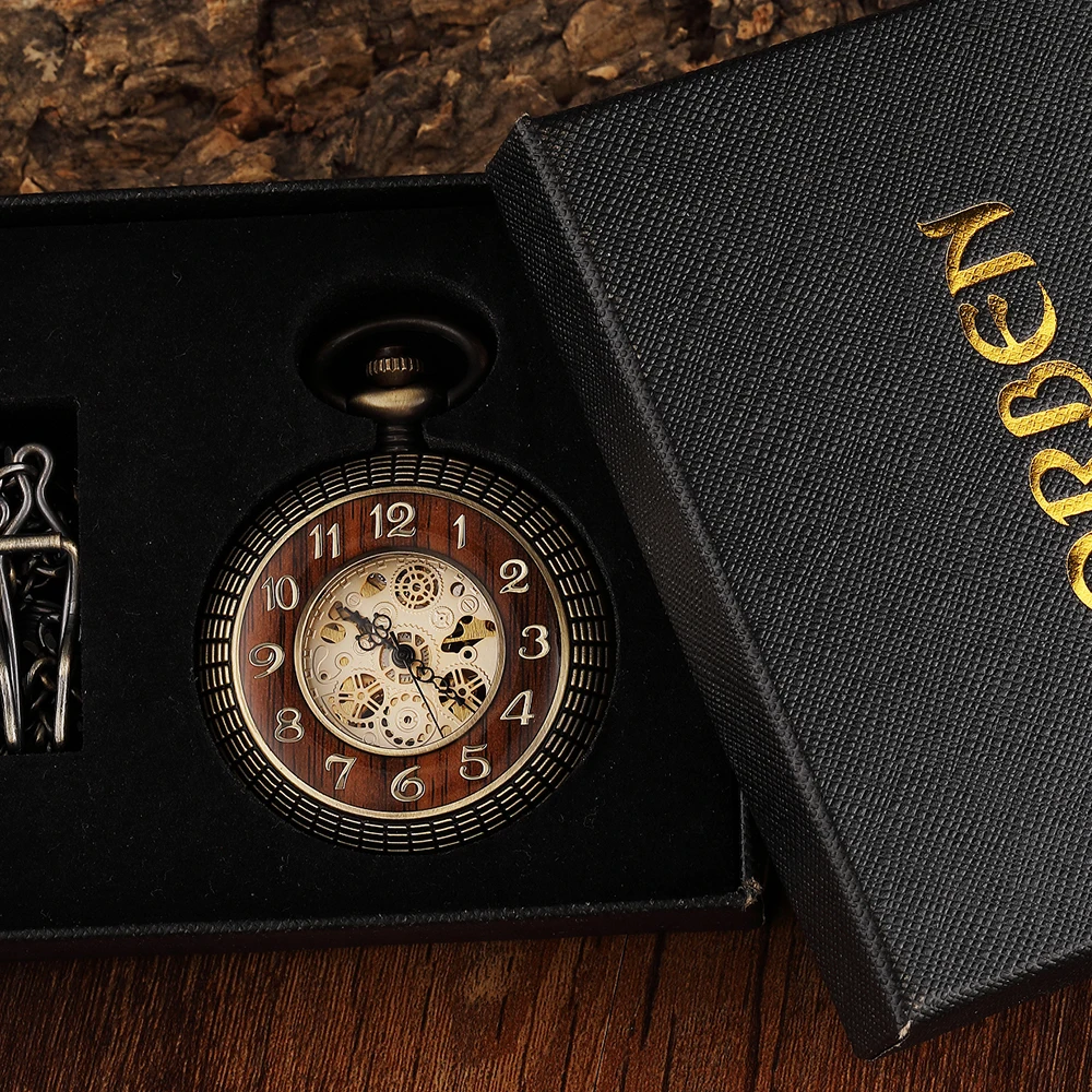 Bronze Retro Mechanical Pocket Watches Unique Wood Circel Gear Dial Men Engraved Fob Hand Wind Steampunk Clock Women Box reloj