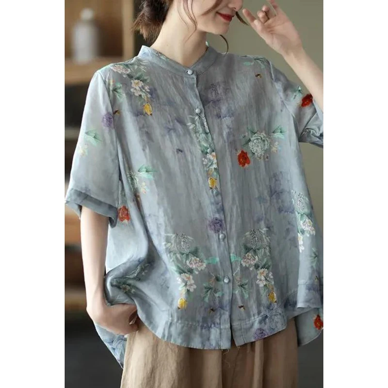 2022 Summer New Arts Women Short Sleeve Stand Collar Loose Shirt Vintage Flower Print Cotton Linen Blouse Female Tops C246 |