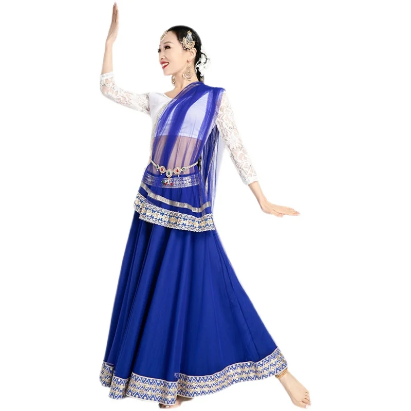 Индийские танцевальные костюмы белая кружевная юбка с длинным рукавом из синей