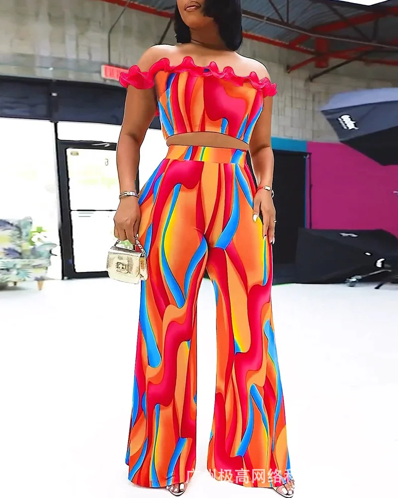 

Abstract Print Off Shoulder Ruffles Top & Bootcut Pants Set Women Strapless Sexy Camis Tanks Tops High Waist Pants Summer