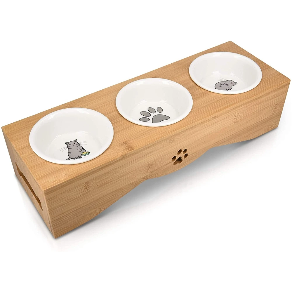 

Bamboo Elevated Storage Food Stand,Raised Cat Feeder With 4 Bowls