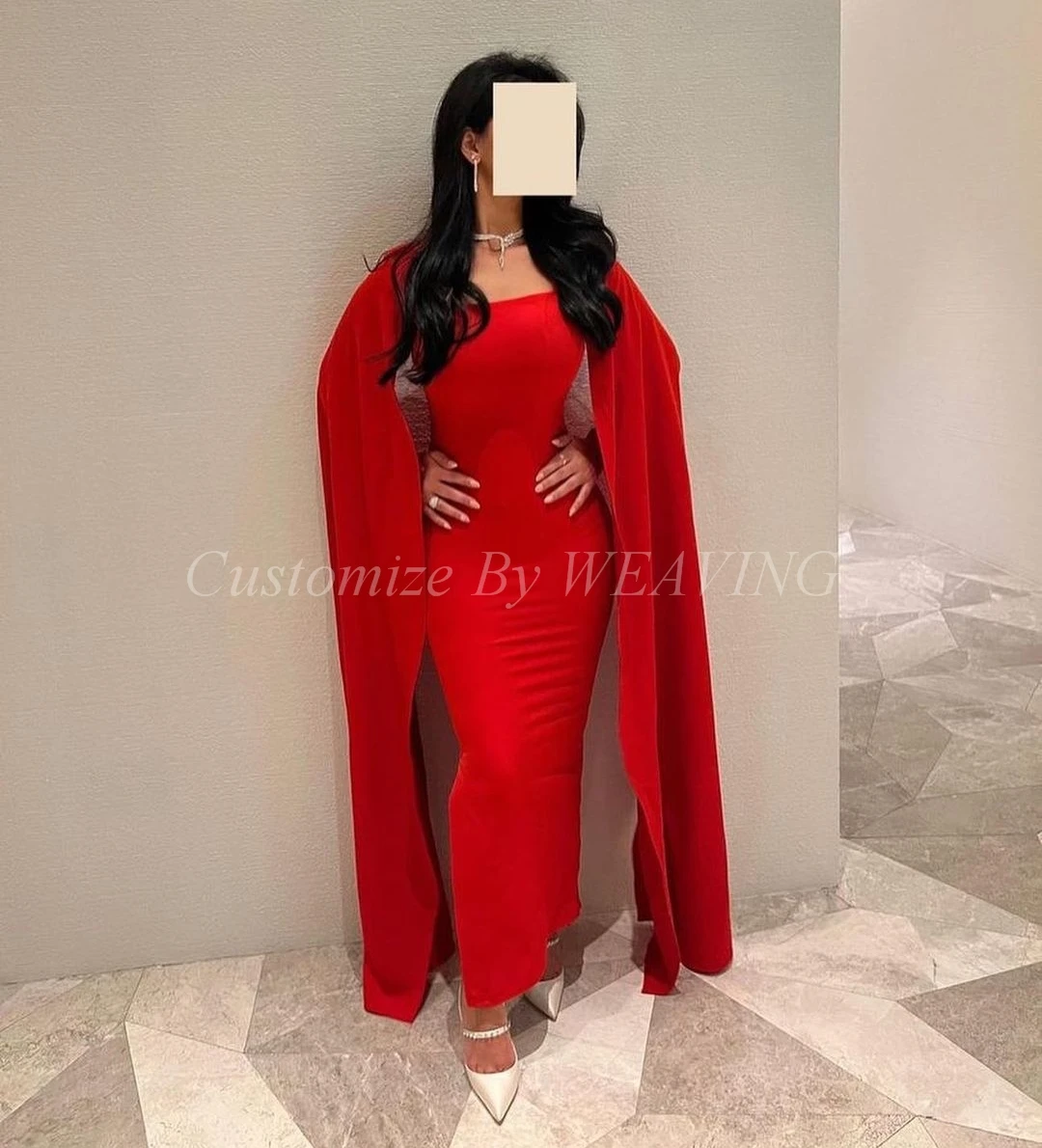 

Mermaid Red Satin Long Prom Dresses Square Neck Ankle Length Saudi Arabic Women Prom Gowns Formal Party Dress