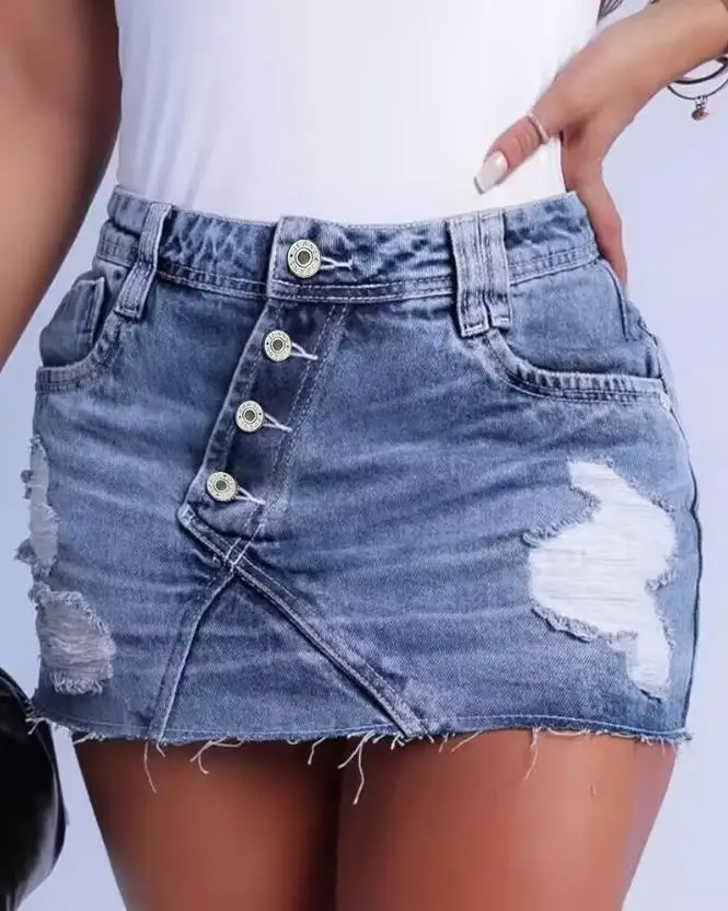 

2023 Summer Women's Sexy Denim Skirt Fashion Solid Color Button Fly Ripped Skinny Mini Denim Casual Skirt