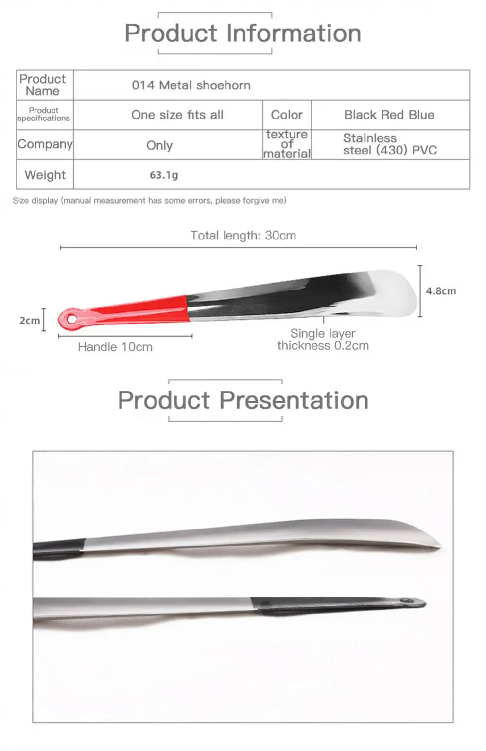 1PC 30cm Stainless steel shoehorn PVC plastic handle Professional Shoe horn With Hook Durable Spoon Shoes Lifter Shoe Helper images - 6