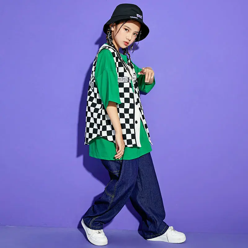 Комплект уличной одежды в стиле хип-хоп для мальчиков и девочек клетчатый жилет