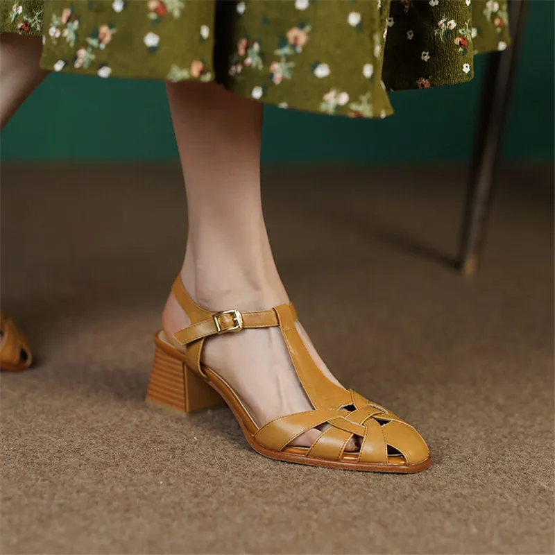 

New 2022 Summer Sandals Genuine Leather Woman Shoes Chunky Heel High Heels Pumps Women Vintage Cutout Sandals Shoes for Women