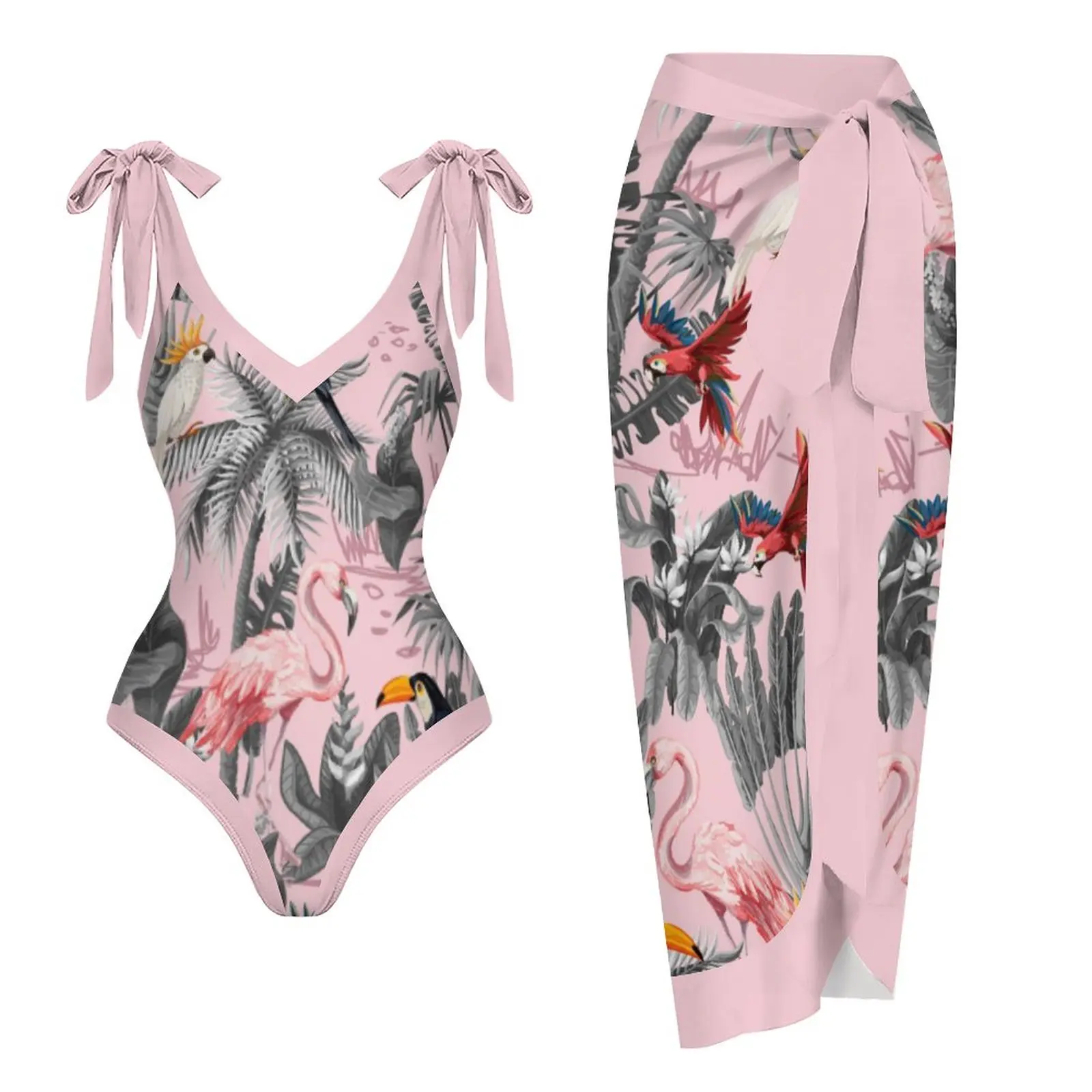 

V-Neck Tie Swimsuit Feminina Pink Vintage Print Bikini Set Mujer Outfits Cover 2023 New Micro Playa Conjunto Slim Beachwear