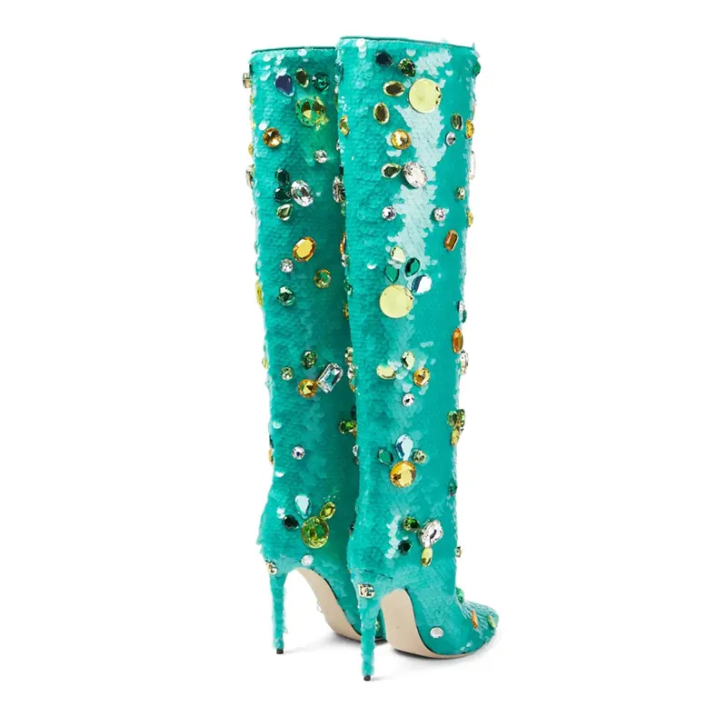 Sequin Women's High Boots Autumn And Winter New Pointed Ultra-High Heel 9.5cm Color Rhinestone Metal Decorative Green Boots