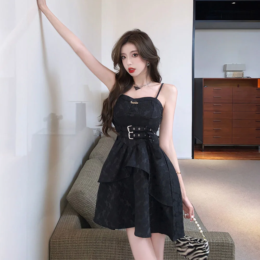 Summer Gothic Black Sexy Strap Dress Women Korean Fashion Patchwork Elegant Slim Mini Dress New Casual Holiday Party Dress 2023