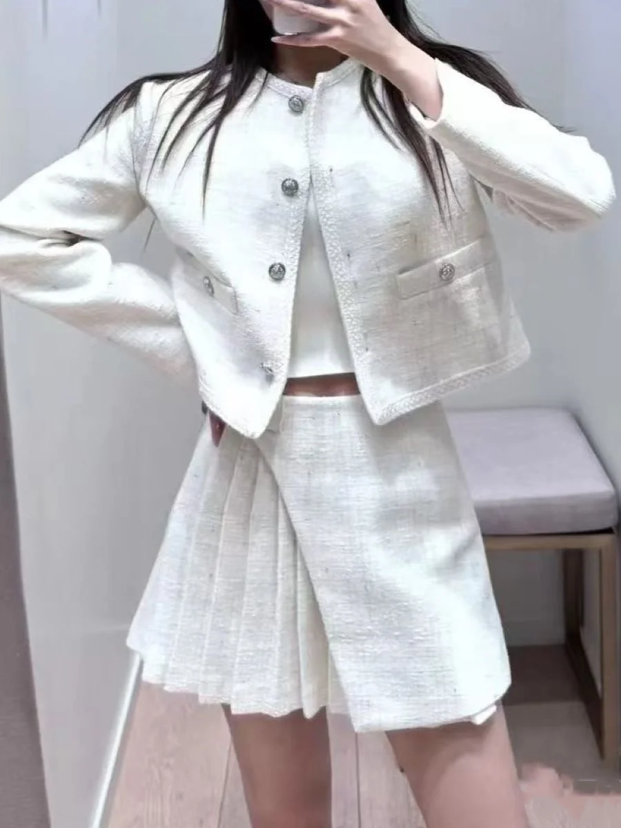 Ранняя весна женский твидовый костюм однобортный пиджак с круглым вырезом и