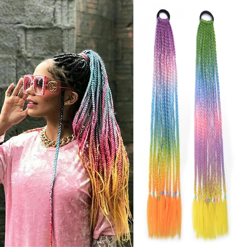 Ed Box Braided Ponytail Hair Extension Synthetic False Overhead Tail With Rubber Elastic Band Rainbow Kid Pigtail