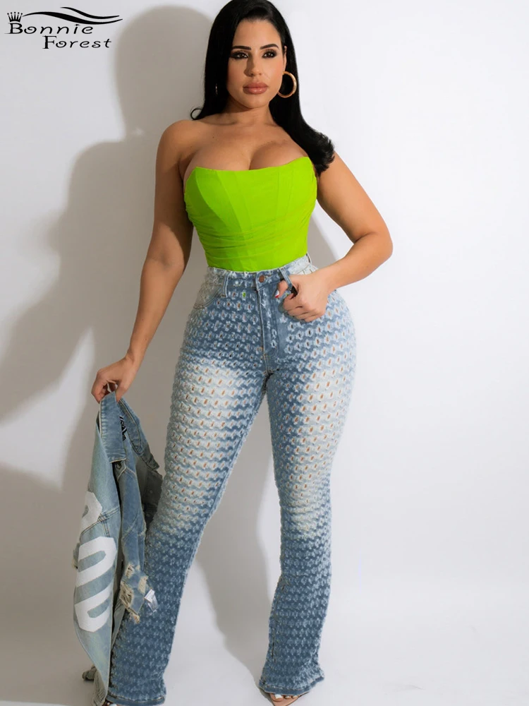 

Bonnie Forest Fashion Hollow Out Hole Denim Waist Ripped Jeans Summer Womens Eyelet Denim Trousers Streetwear Night Out Pants