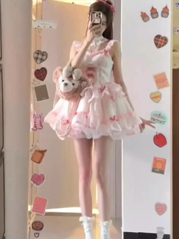 Женское кружевное платье на бретельках розовое в стиле Харадзюку с бантом модное