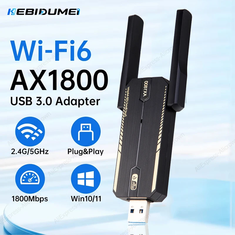 Фото KEBIDUMEI Wi-Fi 6 USB-адаптер AX1800, сетевая карта-донгл 2.4G/5ГГц 802.11AX, антенна для приема сигнала, приемник AX300 AX1800 №1