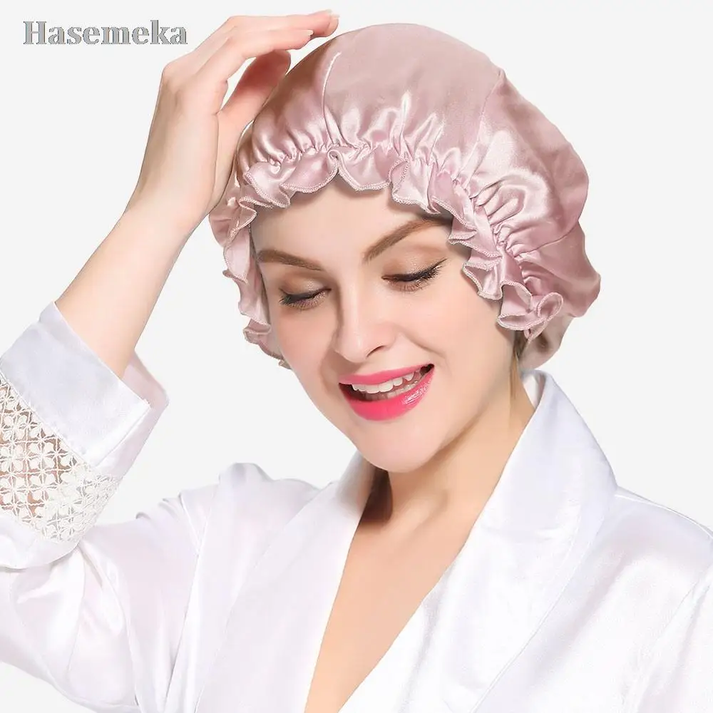 

Silk Night Sleep Cap Silk Cap for Sleeping Women Flounced Brand Solid 19 Momme Elegant Hair Care Accessories