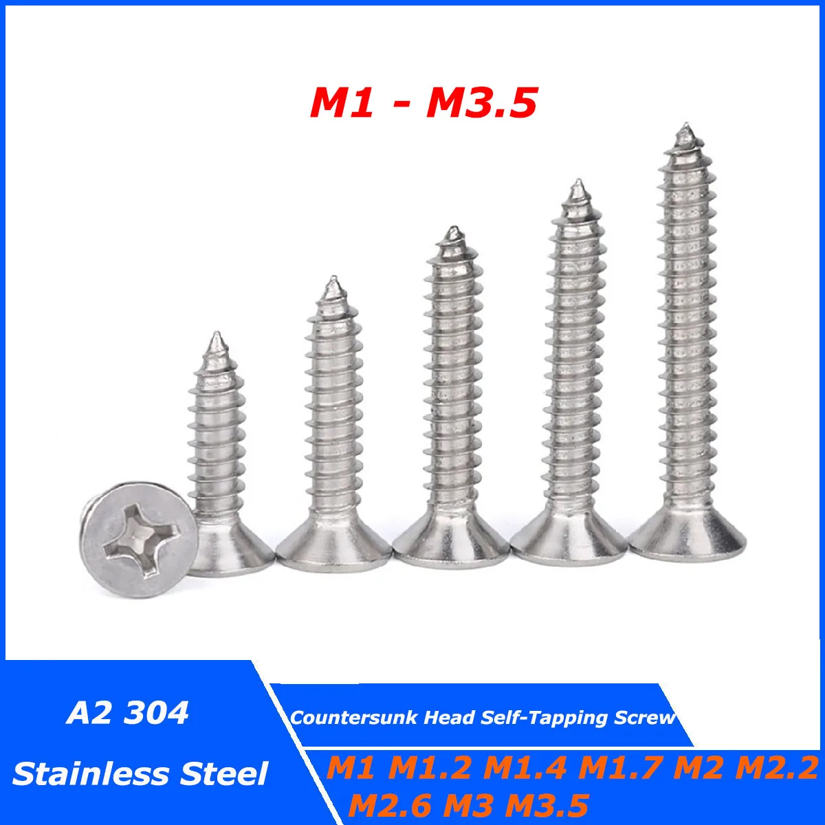 

10~100pcs 304 Stainless Steel Cross Phillips Flat Countersunk Head Self Tapping Screw Wood Screws M1 M1.4 M2 M2.2 M2.6 M3 M3.5
