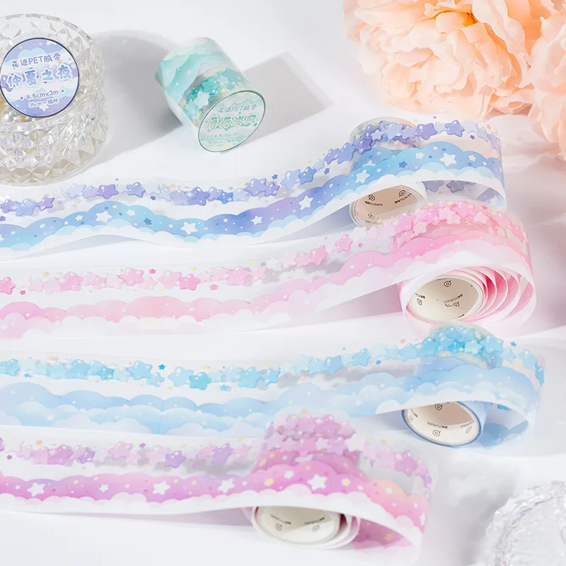 

1 Roll Cartoon Star and Cloud Pattern Lace PET Tape Simple Wavy Border Basic Tape DIY Scrapbooking Journaling Material Sticker