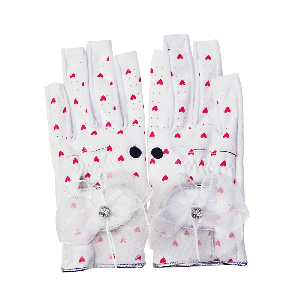 1 Pair Fashion Women Golf Gloves Ladies Soft Sport Gloves Bow-knot Heart Shape High-grade PU Breathable Non-slip Wear-resistant
