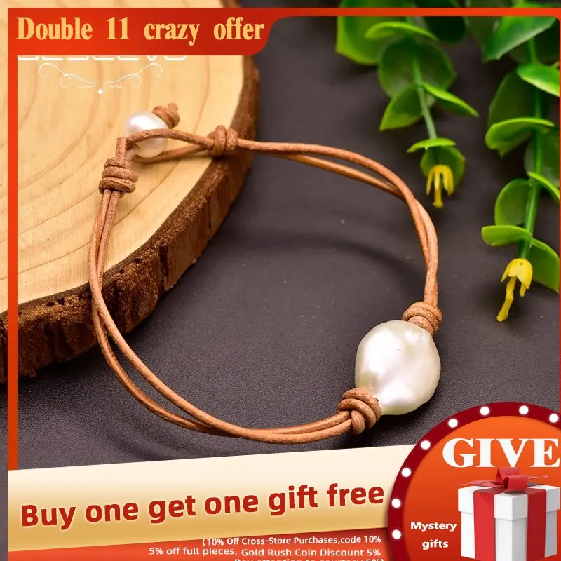 

GLSEEVO Geometric Real Baroque Pearl Minimalism Leather Bracelet For Women Handmade Fine Jewelry Armbanden Voor Vrouwen GB0161