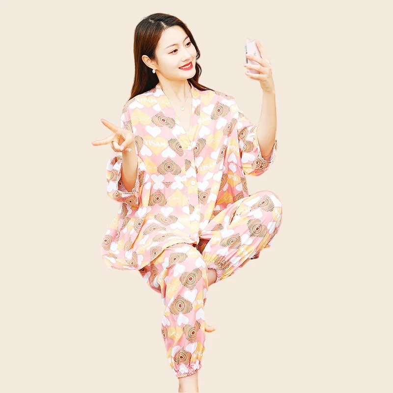 Women's Homewear Pajamas Set Full Sleeve Long Pants Flower Print Casual Pyjama Big Size Cozy Cotton PJS