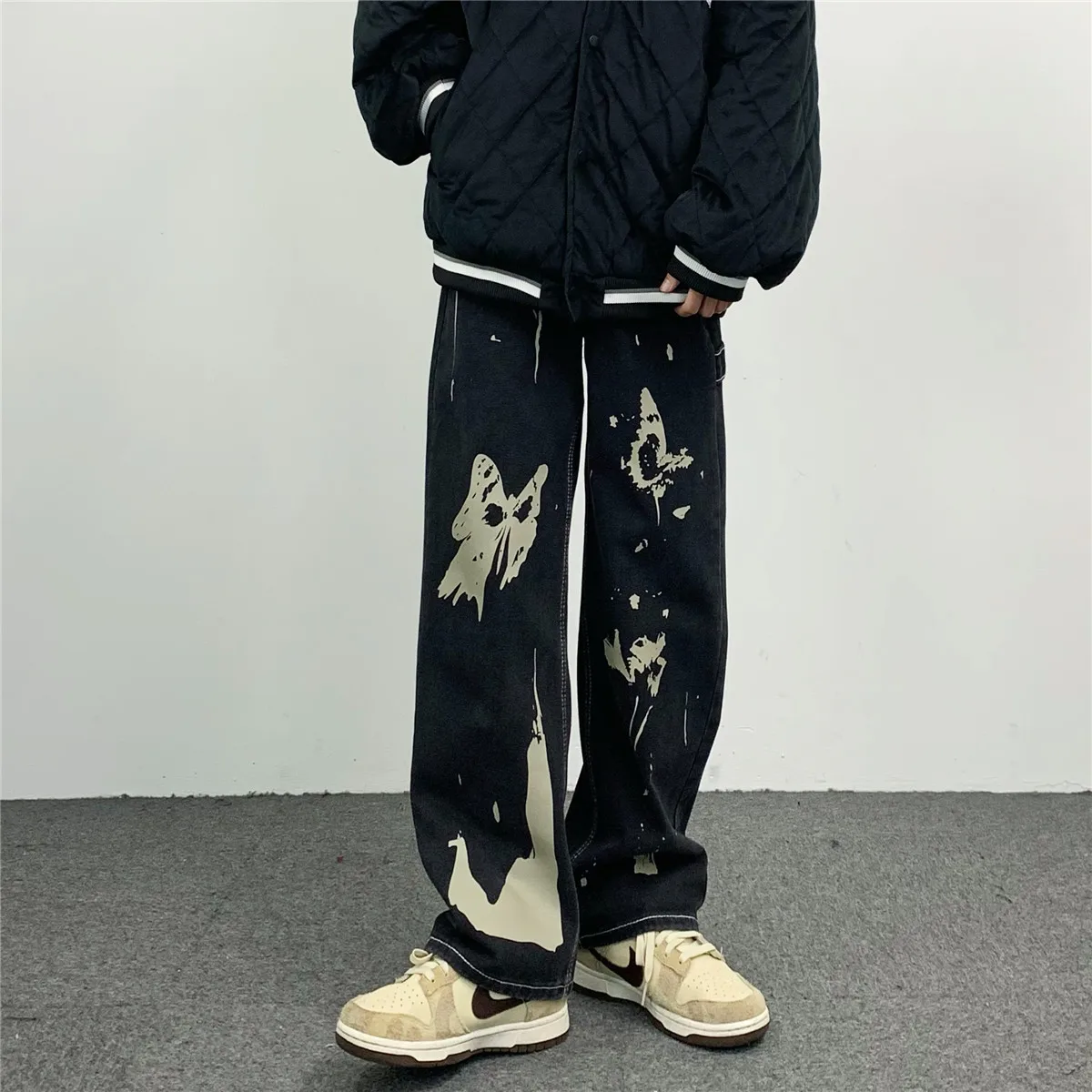 Men Fashion Street Jeans Ins American Retro Graffiti Butterfly Loose Straight Jeans Korean Version Y2k Pants Ins Hot Sale Casual