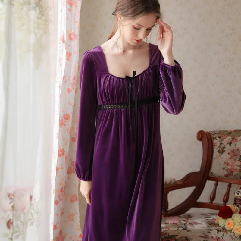 

Fleece Womens Nightgowns Velvet Vintage Sleepshirt Long-Sleeve Warm Soft Retro Winter Nightdress for Sleeping Home Dressing Gown